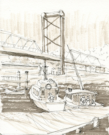 Grey markers used in a sketch of the Bridge at Portsmouth by Karla Beatty.
