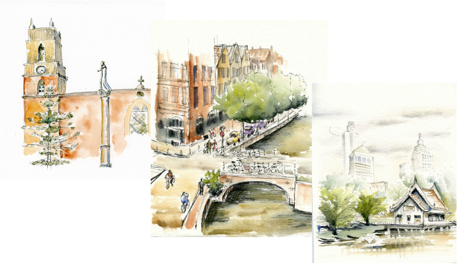 Watercolor paintings and urban sketches of Canal in Amsterdam, Cathedral in San Miguel de Allende, and a lake house in Bangkok, Thailand