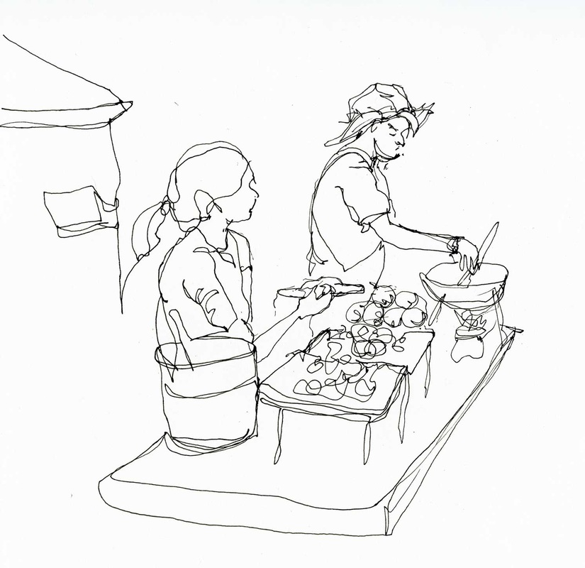 Pen drawing of two food vendors on a bangkok street.