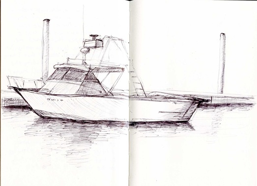 Sketch in a journal done in ballpoint pen of a small boat in Wellfleet Harbor