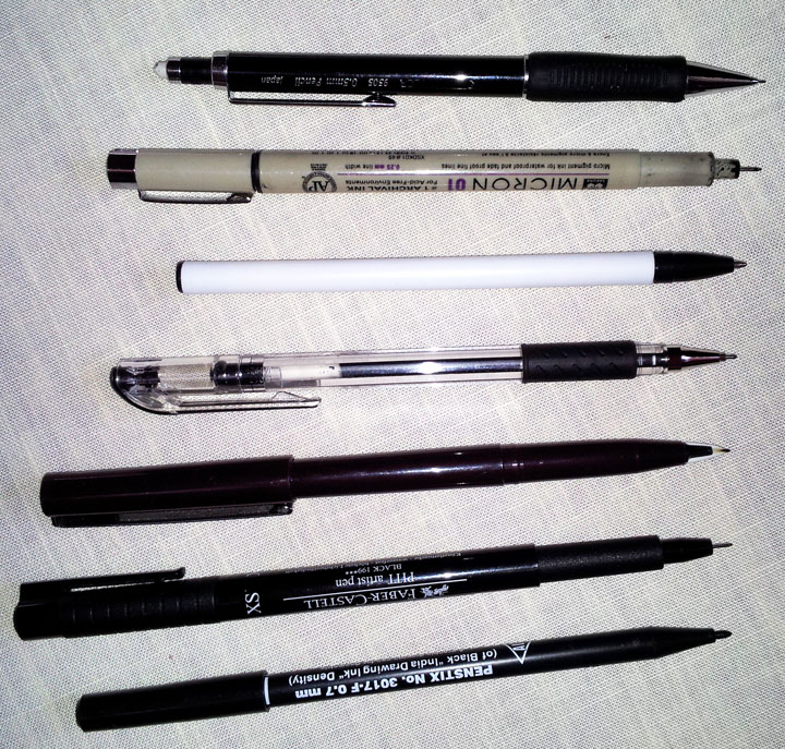 various pens for sketching in sketchbooks and journals
