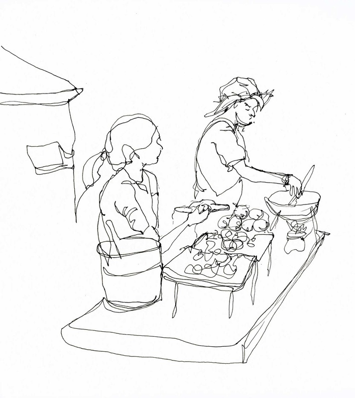 Contour line drawing of two street food vendors in Bangkok, Thailand