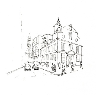 Sketch of an old building in Boston done quickly in pen.