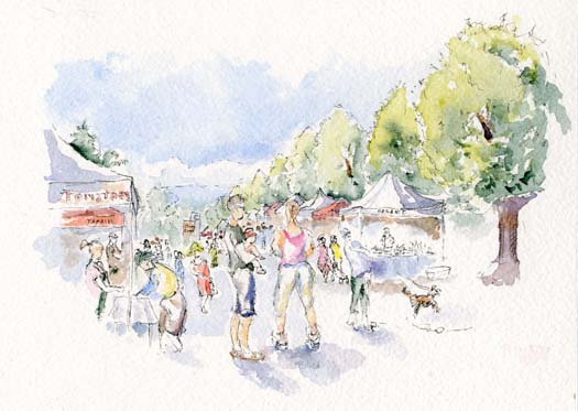 Watercolor urban sketch of a farmer's market scene. Sketches of people and booths and trees.