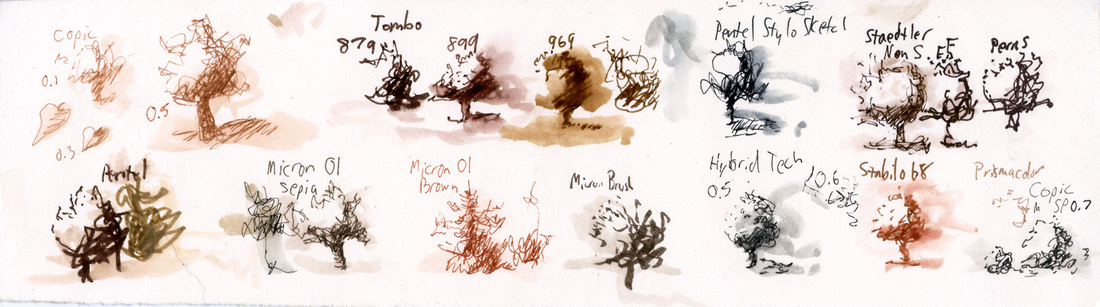 Test sample drawings of many different pens, colors, and sizes with water brushed on