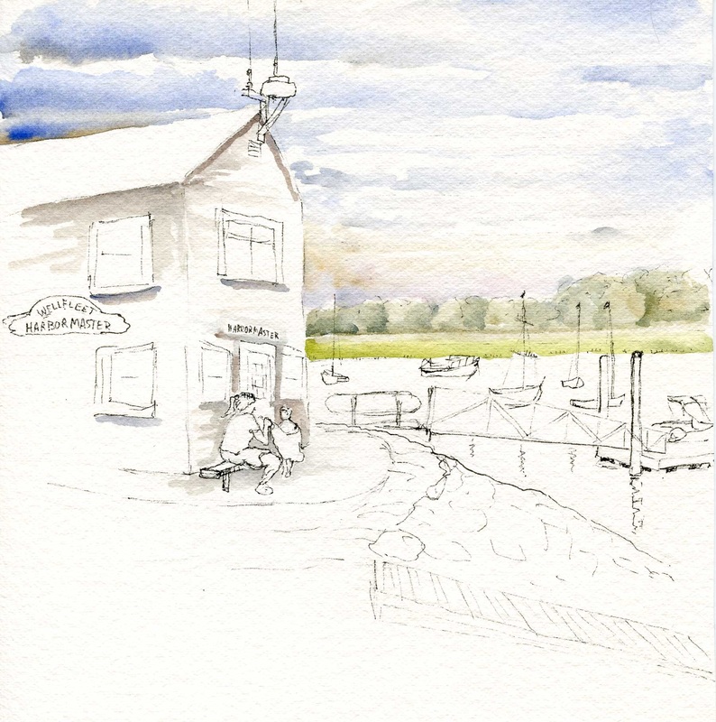 Urban sketch of the Wellfleet Harbor Masters house with the sky and background painted in watercolors.