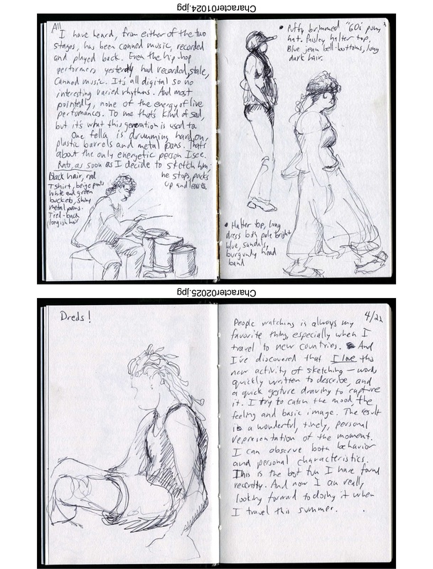 Two pages scanned from small black sketchbook with character drawings and writing.
